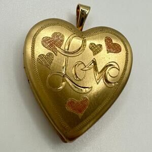 PPC vintage 1950s 14kt gold filled pink green etched heart locket pendant charm